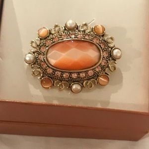 Monet Peach Catseye Stone Brooch with White Faux Pearls